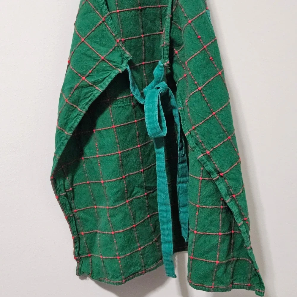 Crate & Barrel‎ Green Plaid Cotton Apron Handwoven India Red Windowpane Check